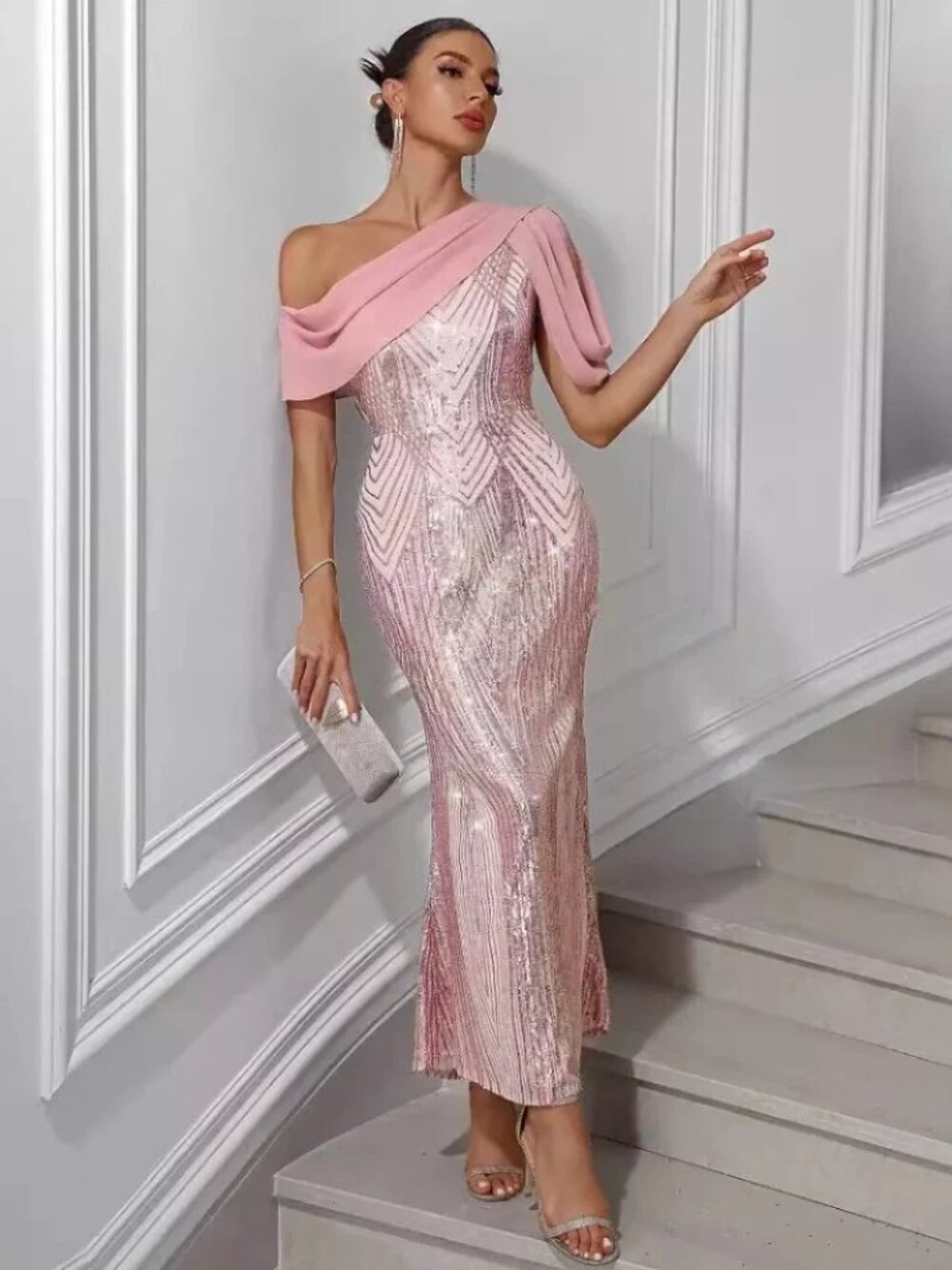 Chiffon Stitching Sequined Dress Pink Size L